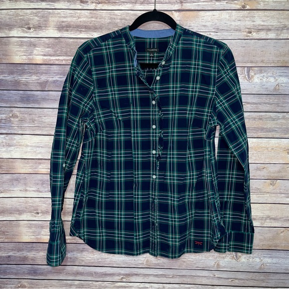 ⭐️ Talbots Plaid Button Up Roll Tab Sleeve Ruffle Front Blouse Size 12 D1 - Picture 2 of 9